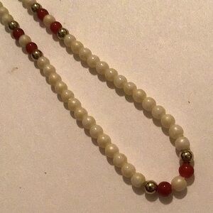 Vintage Avon Beaded Necklace -Ivory with Gold and Burgundy Accents